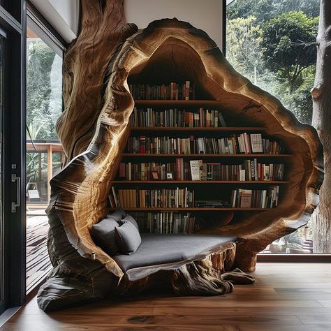 Hollow Tree Trunk, Goth Interior Design, Tree Bookshelf, Hollow Tree, Dream Bedroom Inspiration, Green Interior Design, Decor Books, Cabin House Plans, Dreams Beds