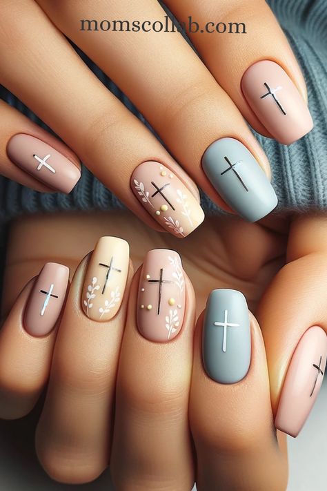 15 Enchanting Easter Nail Design Ideas with Crosses Easter Neutral Nails, Faith Based Nails, Easter Nails Cross Jesus, Easter Nails Short Acrylic, Christian Easter Nail Art Designs, Easter Nail Ideas With Cross, Light Pink Easter Nails, Faith Nail Art, Easter Nail Polish Ideas