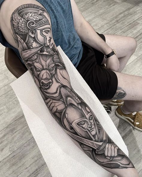 Greek Mythology Minotaur Tattoo, Greek Arm Sleeve Tattoo, Theseus Tattoo, Greek Tattoos Men, Black And Grey Leg Tattoos, Minotaur Tattoo, Greek Mythology Sleeve, Greek Mythology Tattoos Sleeve, Minotaur Art