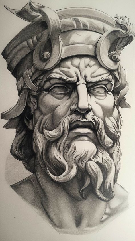 Realism Tattoo Drawing, Roman Tattoo Design, Sculpture Tattoo Design, Greek Mythology Art Drawing, Greek Mythology Drawings, Greek Statue Drawing, Zeus Drawing, Realism Tattoo Ideas For Men, Statue Tattoo Design