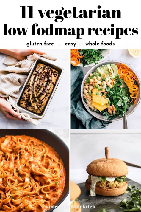 Looking for low fodmap recipes? This list of simple, easy, and healthy low fodmap vegetarian dishes includes breakfast, lunch, dinner, and even dessert! All are gluten free, vegetarian (and many are vegan too!). Low Fodmap Recipes Vegetarian, Low Fodmap Vegetarian, Fodmap Meal Plan, High Fodmap Foods, Vegetarian Gluten Free, Fodmap Diet Recipes, Ibs Recipes, Vegetarian Meal Plan, Vegetarian Breakfast Recipes