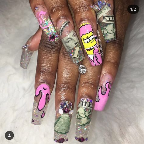 Clear Nails Coffin, Nails Money, Heavenly Nails, Really Long Nails, Nails Inspiration Pink, Nail Designs Bling, Nails Clear, Money Nails, Funky Nail Designs