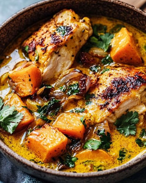 Coconut Turmeric Chicken with Sweet Potatoes and Crispy Shallot Oil - NorthEast Nosh Recipes Recipes That Use Turmeric, Sweet Potato Chicken Soup, Crockpot Chicken Sweet Potato, Chicken Sweet Potato Recipes, Crockpot Sweet Potato Recipes, Sweet Potato And Chicken, Chicken And Sweet Potatoes, Chicken With Sweet Potatoes, Chicken Sweet Potatoes