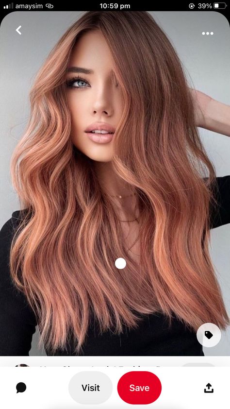 Cone Hairstyle, Peachy Brown Hair, Brown Peach Hair, Cooper Peach Hair, Summer Fun Hair Color, Cooper Rose Gold Hair, Peachy Blonde Highlights, Apricot Balayage Brunette, Peach Highlights Hair