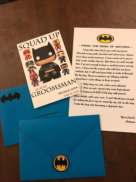 Homemade Groomsmen superhero invitations with accompanying letter Marvel Groomsmen Proposal, Deadpool Wedding, Groomsman Invite, Best Friends Gifts, Superhero Invitations, Superhero Wedding, Letter Find, Friends Gifts, Groomsmen Proposal