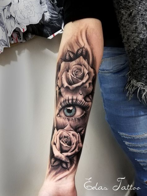 Roses and eye by Edas Tattoo All Seeing Eye Tattoo Women, Woman’s Eye Tattoo, Eye Flowers Tattoo, Womens Eye Tattoo, Rose Eye Tattoo Design, Eye Tattoo Ideas Women Sleeve, Eye With Tears Tattoo, Eye Reflection Tattoo, Flower And Eye Tattoo