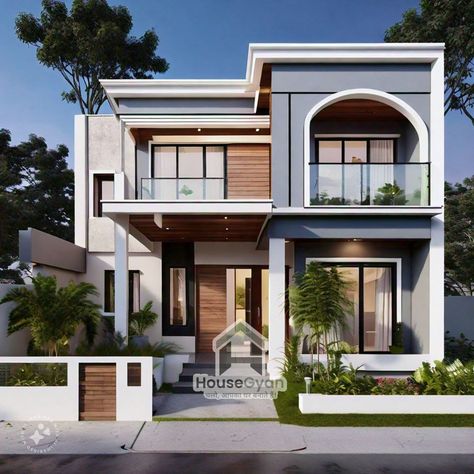 Front Elevation Designs for Small Houses Double Floor - HouseGyan Front Home Design, Front Porch Inspiration, Luxury Homes Exterior, Front Elevation Designs, Elevation Design, Traditional Styles, Unique Houses, Small Houses, House Drawing