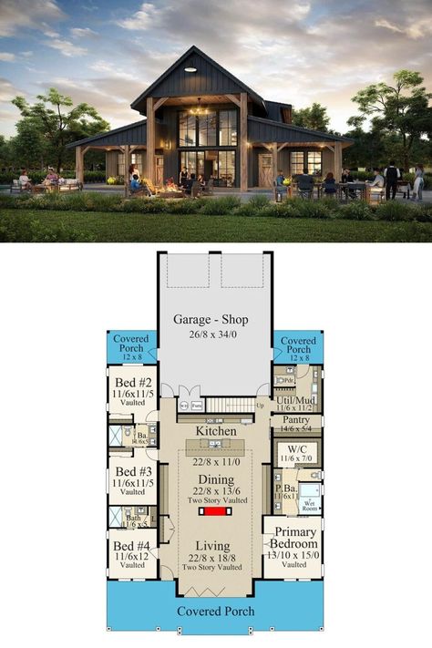 Open Floor Plan One Level House, One Story Barndominium Floor Plans 4 Bedroom, Open Floor Plan Living Room And Kitchen Barndominium, Floor Plans With Vaulted Living Room, Floor Plans Barndominium Open Concept, Barndo With Big Windows, Double Height Kitchen Design, Open Floor Plan 4 Bedroom One Story, Cathedral Ceiling Floor Plans