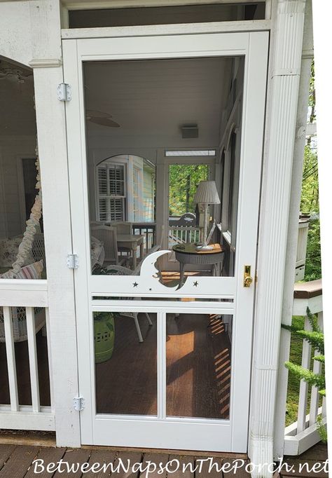 New Screen Doors with a Whimsical Dragonfly & Moon-Stars Design – Between Naps on the Porch Cottage Style Screen Door, Screen Porch Door Ideas, Wooden Screen Doors, Screened Porch Doors, Screen Door Projects, Whimsical Dragonfly, Fly Screen Doors, Door Decks, Wooden Screen Door