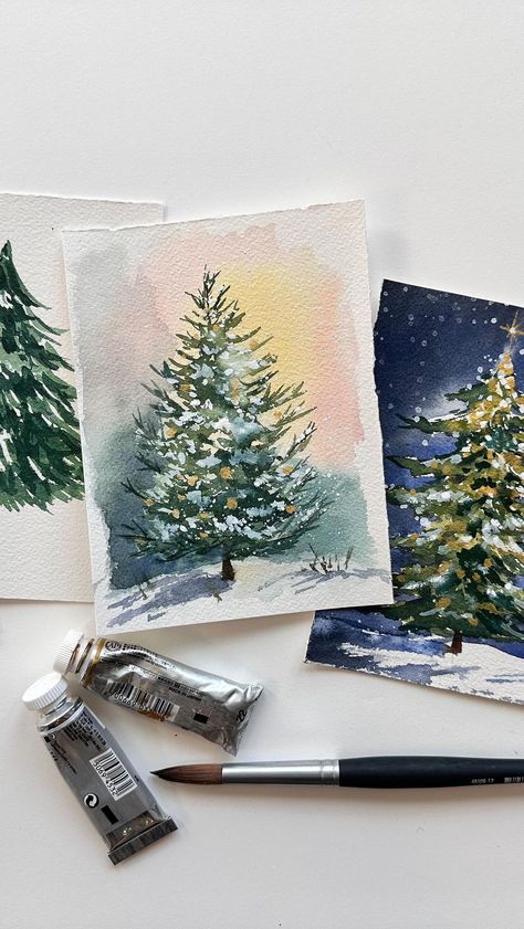 Artist/ teacher/ illustrator | Super fun and easy Spring birch tree tutorial on my YouTube today- ( link in bio ) ps - can you hear the win I forgot to do the voiceover... | Instagram Metallic Watercolor Christmas Cards, Birch Trees Painting, Watercolor Christmas Cards Diy, Metallic Watercolor, Happy Painting, Watercolor Tree, Watercolor Christmas Cards, Simple Christmas Tree, Watercolour Gift