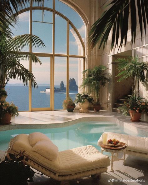 Liminal Aesthetic, 80s Apartment, 80s Modern, Inside Pool, Apartment Pool, 90s Home, Miami Art Deco, 80s Interior, Mediterranean Interior