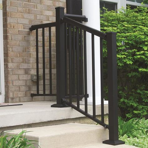 Black Outdoor Railing, Stair Railing Ideas Outdoor, Outside Stair Railing, Square Balusters, Porch Rails, Deck Railing Kits, Deck Stair Railing, Black Railing, Deck Railing Systems