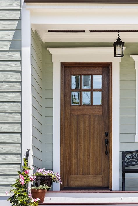 Sage Green House Exterior, Green Siding House, Natural Wood Front Door, Light Green House, Green Home Exterior, Sage Green House, Green Exterior Paints, Green Exterior House Colors, Green House Exterior