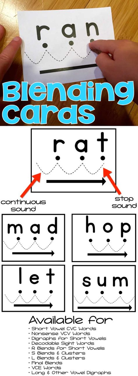 Blending Cards for Kindergarten, first and second grade reading. The cards can be used for instruction for kindergarten and first grade… Homework Folders, Second Grade Reading, Kindergarten Centers, Word Family, First Grade Reading, The Arrow, Reading Intervention, Early Readers, Reading Classroom