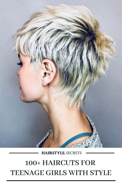 This incredible mullet pixie haircut for teenage girls is unique looking thanks to the bright platinum blonde that creates a metallic reflection in combination with the dark roots. #teenagegirlshairstyle #mullethairstyle #pixiecut #platinumblondehairstyle #darkrootshairstyle #hairstylesecrets Global Hair, Funky Short Hair, Short Hair Undercut, Punk Hair, Hair Brained, Undercut Hairstyles, Mullet Hairstyle, Short Blonde, Short Hair Haircuts