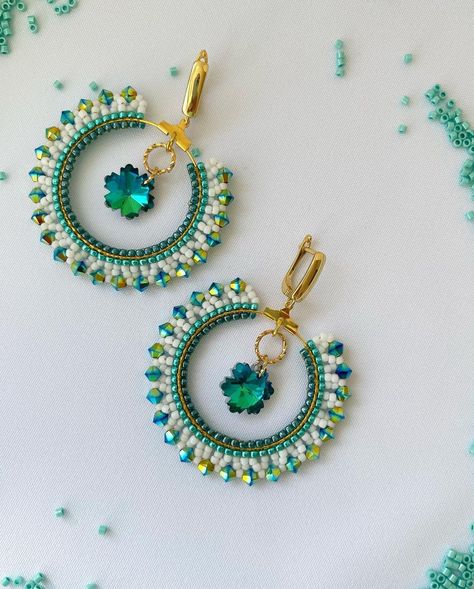 Tasha| necklaces, earrings, bracelets | Circle beaded earrings with crystals. | Instagram Circle Beaded Earrings, Earrings With Crystals, Seed Bead Jewelry Patterns, Jewerly Beads, Handmade Earrings Beaded, Handmade Beaded Jewelry, Beaded Jewelry Patterns, Bracelets Handmade Beaded, Earring Patterns