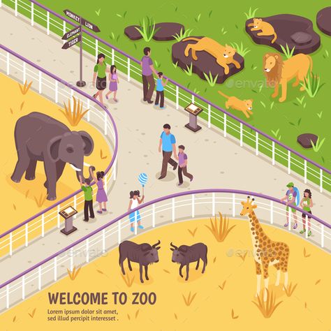 Isometric zoo illustration with outdoor zoological garden scenery fence and images of african animals and people vector illustrati Artists Room, Zoo Illustration, Zoo Clipart, Garden Scenery, Animals And People, Dino Park, Zoological Garden, Beauty Bath, Kids Vector