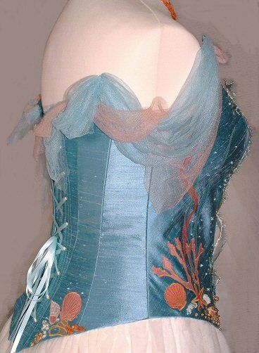 Coral Reef Inspired Fashion, Gcse Textiles Final Piece Corset, Sea Shell Corset, Ocean Inspired Corset, Corset With Skirt, Jelly Fish Inspired Garments, Corset And Skirt, Sea Queen, Blue Corset