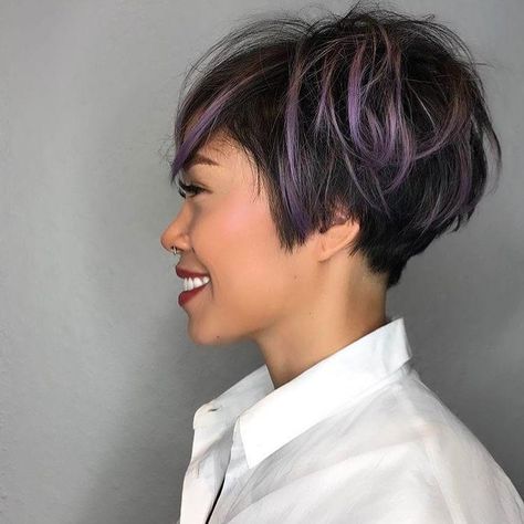 All sizes | Messy Graduated Pixie on Black Hair with Purple Highlighted Fringe | Flickr - Photo Sharing! Black Hair With Purple, Hair With Purple, Graduated Bob Hairstyles, Purple Hair Highlights, Purple Highlights, Dark Hair With Highlights, Fresh Hair, Happy Hair, Real Hair