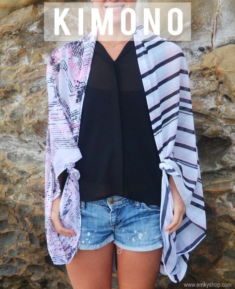 The kimono look is one of our absolute favorite ways to wear a scarf at emky.     It's such a versatile way to utilize your emky scarf.  The scarf that simply once draped over your shoulders has transformed into a new fashion piece in your wardrobe!  How do you create this look? Simply tie the corners of the scarf to create a place for your arms to go through.  Follow like this:  What scarf are you tying in a kimono?   Shop ths look! Scarf Kimono, Ultimate Capsule Wardrobe, Tie A Scarf, Wear A Scarf, Ways To Wear A Scarf, How To Wear A Scarf, Diy Scarf, Scarf Fashion, Fashion Scarves