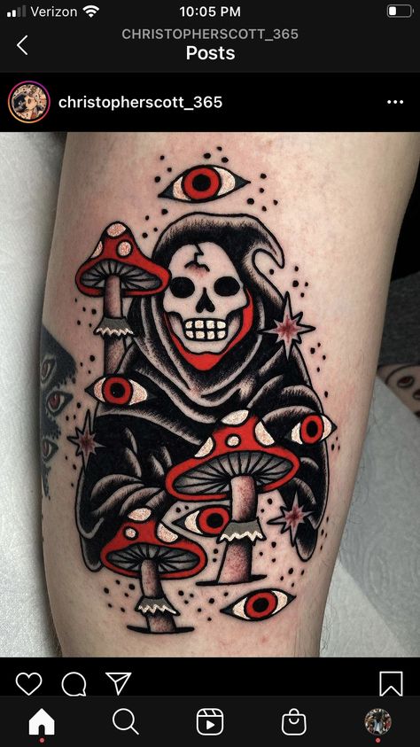 Witchy Mushroom, Mushroom Tattoo, Traditional Tattoo Inspiration, Mushroom Tattoos, Traditional Tattoo Sleeve, Creepy Tattoos, Spooky Tattoos, Traditional Tattoo Art, Horror Tattoo