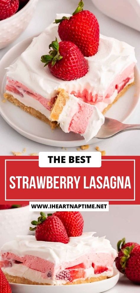 This strawberry lasagna is a deliciously layered dessert where cheesecake meets strawberry jello in one perfect bite. With layers of an Oreo crust, fresh strawberries, and whipped topping, this refreshing and light dessert is always a hit! Strawberry Lasagna Desserts No Bake, Strawberry Desserts No Bake, Jello Cheesecake Recipes, Strawberry Lasagna Desserts, Dessert Lasagnas, Oreo Lasagna, Strawberry Lasagna, Jello Dessert, Cool Whip Desserts