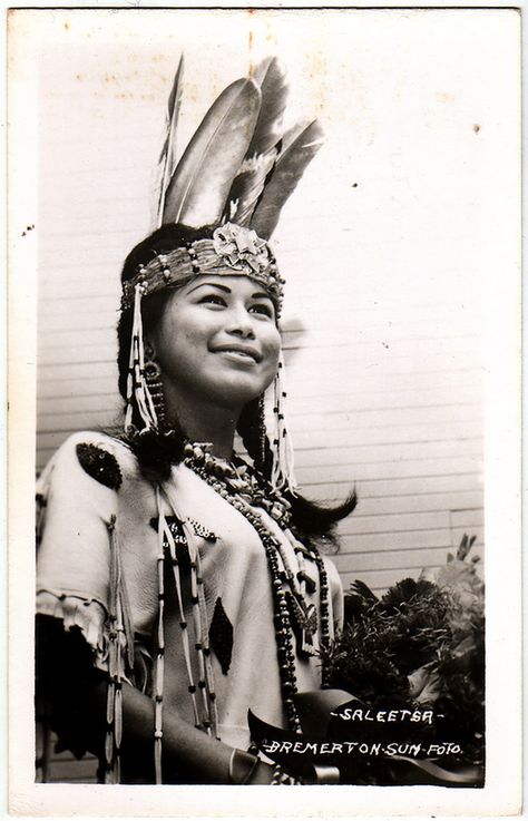 COAST SALISH Beauty nammed "Saleetsa", Suquamish or Port Gamble S'Klallam Tribe. Kitsap Peninsula, Wasingtown State, c.1930-40s. Photo from the Bremeton Sun, a newspaper in Washington state. Real Photo Postcard edited after 1940. Suquamish Tribe, Kitsap Peninsula, Native American Indian Tribes, Deception Pass, Coast Salish, Native American Quotes, Ghost Story, Indigenous Americans, Colonial America