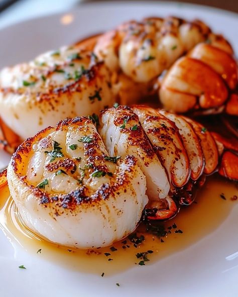 "🦞 Garlic Butter Lobster and Scallops 🧄🦪 Savor the Sea's Bounty with Every Bite! Perfect for a special evening, this dish brings the ocean's freshness right to your dining table, combining the rich, buttery flavors of lobster and scallops with a hint of garlic. 🍽️ Ingredients 🍽️ - For the Scallops: - 1/2 lb sea scallops, patted dry - 1 tbsp olive oil - 2 tbsp unsalted butter - 2 cloves garlic, minced - Salt and pepper to taste - Fresh parsley for garnish - For the Lobster: - 2 lobst... Garlic Butter Lobster, Butter Lobster, Lamb Sauce, Prawn Dishes, Lobster Dishes, Sea Scallops, Cooking On The Grill, Fish Dishes, Food Diary