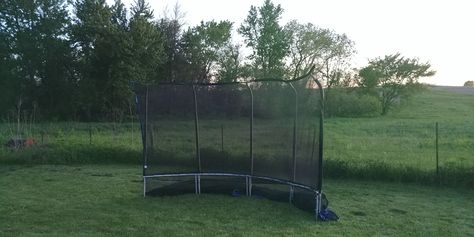 Trampoline turned into a backstop Baseball Backstop Diy, Baseball Things, Old Trampoline, Backyard Baseball, Yard Project, Diy Yard, Outdoor Ideas, Repurpose, Outdoor Storage Box