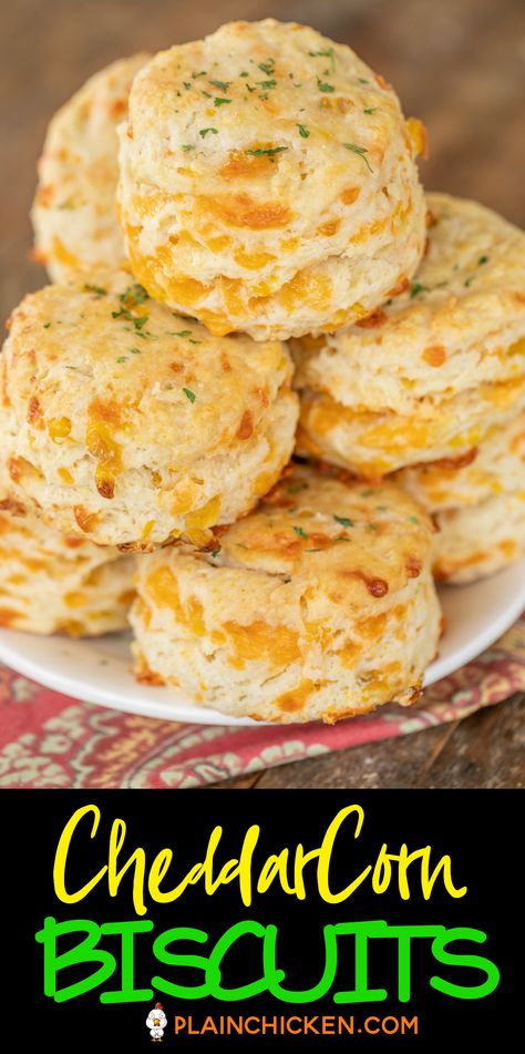 Cheddar Corn Biscuits - super easy to make and they taste great! Great for breakfast, lunch, or dinner. Flour, baking powder, salt, dry mustard, butter, creamed corn, cheddar cheese, and eggs. Can freeze unbaked biscuits for a quick side later. We love these yummy biscuits with a big bowl of soup and chili. #biscuit #bread #cheddar #corn #sidedish Corn Biscuit Recipe, Corn Biscuits, Mustard Butter, Cheddar Corn, Cornbread Biscuits, Easy Homemade Biscuits, Frozen Biscuits, Yummy Biscuits, Canned Biscuits