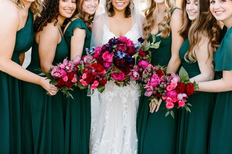 Emerald green bridesmaid dresses. Jewel tones!!! Emerald Green Fuschia Wedding, Flowers With Emerald Green Dress, June Wedding Colors 2025, Bridesmaid Dresses Jewel Tones, Jewel Tone Wedding Party, Emerald And Pink Wedding, Jewel Tone Bridesmaid Dresses, Emerald Green Bridesmaids, Emerald Bridesmaid Dress