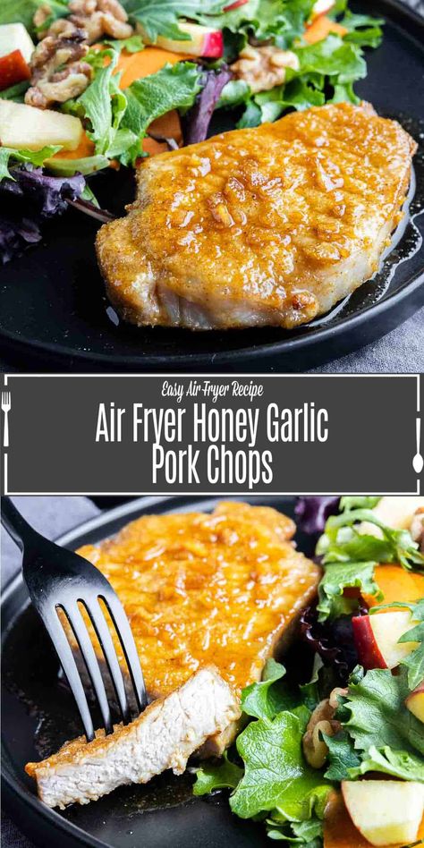 Air Fryer Pork Chops are tender, juicy boneless pork chops that are cooked to perfection in just 9 minutes! These honey garlic pork chops are an easy weeknight dinner idea for busy weeknights. These garlic honey pork chops are quick and easy to make, and the honey glaze for the pork chops can be made in just 2 simple steps! Garlic Air Fryer, Honey Glazed Pork Chops, Pork Loin Chops Recipes, Honey Pork Chops, Honey Garlic Pork, Garlic Pork Chops, Air Fryer Pork, Honey Garlic Pork Chops, Honey Pork