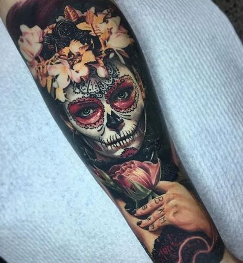 Day Of The Dead Tattoo, Dead Tattoo, Catrina Tattoo, Skull Girl Tattoo, Skull Sleeve Tattoos, Girls With Sleeve Tattoos, Fusion Ink, Scary Tattoos, Sugar Skull Tattoos