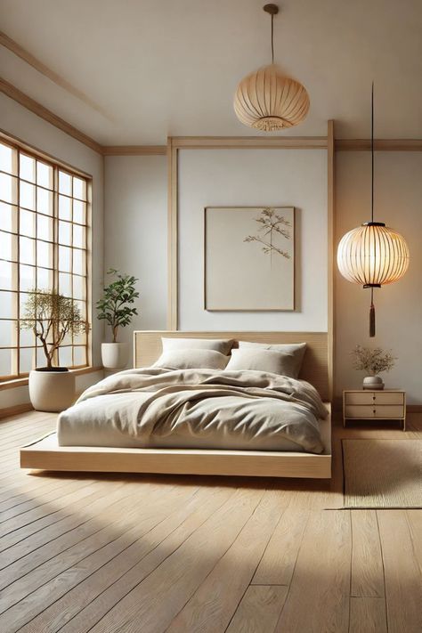 Well-lit bedroom with a large bed as the focal point. The bed has a white quilted headboard and white bedding with a circular pattern. Two brown pillows and one beige pillow on the bed. To the right of the bed, there's a nightstand with a decorative lamp. In the background, an open doorway leading to what appears to be a bathroom. The room has a clean and modern aesthetic with neutral colors and minimal decor. Japanese Modern Bedroom Design, Japandi Room Design, Japandi Interiors Bedroom, Minimalist Scandinavian Bedroom, Japandi Bed, Japanese Style Apartment, Japanese Living Room Design, Scandinavian Bedroom Design, Japandi Style Bedroom