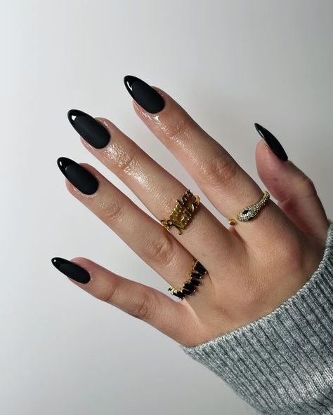 𝙎𝙘𝙖𝙧𝙡𝙚𝙩𝙝 on Instagram: "Shiny tip in matte black 🖤✨ #nailsofinstagram #nailsdesign #nailsnailsnails #nailsmagazine #nailsdid #nailsdone #nailslove #nailspolish #instanails #nailsart #opi" Matt Black Nails With Shiny Tips, Matt Nails With Shiny Tips, Black Almond Nails, Matte Black Nails, Aesthetic Nails, Matte Gloss, Nails Magazine, Matte Nails, Black Nails