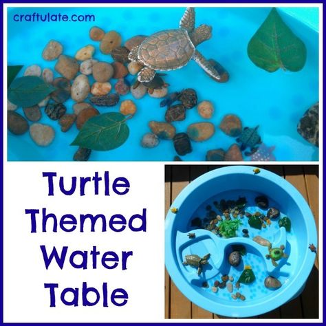 Turtle Themed Water Table - an outdoor sensory small world for kids Pond Preschool, Turtle Activities, Turtles Swimming, Swimming Turtle, Turtle Theme, Turtle Day, Sensory Boxes, Nature Museum, Sensory Table