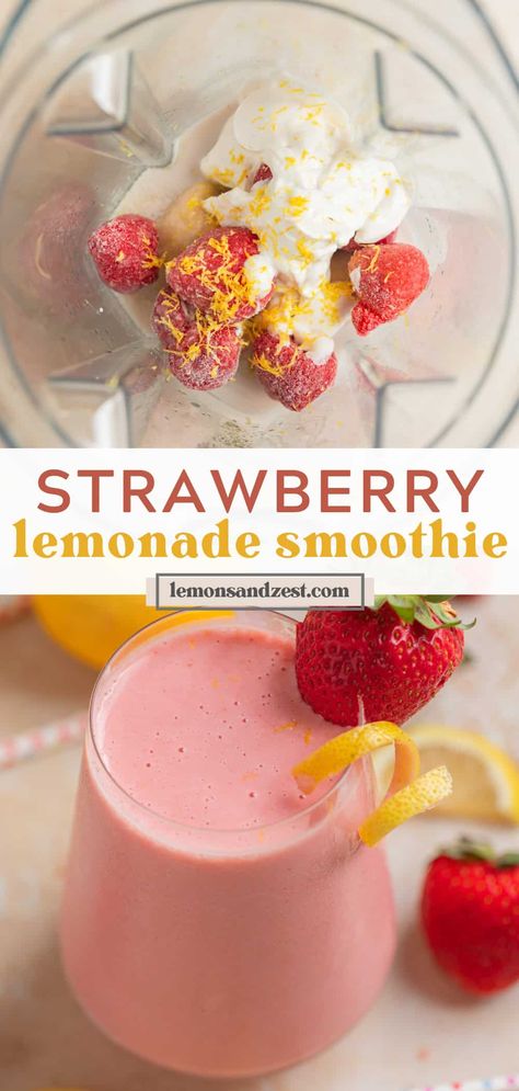 Strawberry Lemonade Smoothie Strawberry Lemonade Smoothie Recipe, Lemonade Smoothie Recipes, Strawberry Lemonade Smoothie, Lemon Smoothie Recipes, Lemon Zest Recipes, Chocolate Strawberry Smoothie, Lemon Smoothie, Lemonade Smoothie, Pumpkin Pie Smoothie