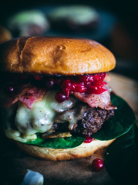 Deer Meat Burger Recipes, Deer Burgers, Christmas Burger, Deer Meat Burgers, Recipes With Venison Burger, Deer Burger Recipes, Cranberry Jam, Seasonal Cooking, Cheese Stuffed Peppers