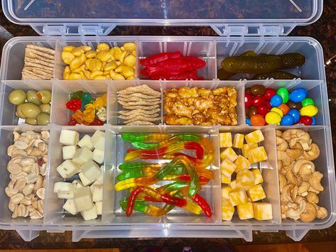 Snackle Box Ideas For Adults Airplane, Tacklebox Snacks, Tackle Box Snacks, Tackle Box Charcuterie, Snackle Box Ideas Beach, Tackle Box Snacks Airplane, Tackle Box Snacks Road Trips, Snack Tackle Box For Kids, Snackle Box Ideas For Adults