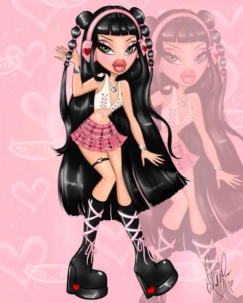 Bratz Art Aesthetic, Drawing Bratz, Bratz Art, Jade Bratz, Bratz Jade, Bratz Characters, Black Bratz Doll, Bratz Doll Outfits, Doll Drawing