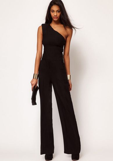 Black One Shoulder Slim Wide Leg Jumpsuit -SheIn(Sheinside) Mobile Site Womens Black Jumpsuit, Chiffon Jumpsuit, Off Shoulder Jumpsuit, Awesome Outfits, One Shoulder Jumpsuit, Jumpsuit Elegant, Long Romper, Fashion Statements, Mode Casual