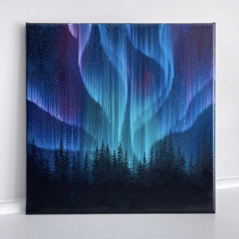 Northern Lights Painting Ideas, Painting Northern Lights Acrylic, Painting Ideas Northern Lights, Northern Lights Painting Easy, Northern Lights Drawing, Northern Lights Painting Acrylic, Northern Lights Acrylic Painting, Canvas Painting Ideas For Beginners, Northern Lights Painting