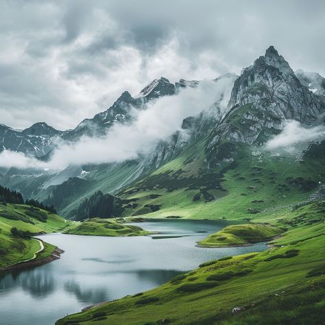 Lush green mountains with clouds, gray sky and river flowing in the valley Mountain Above Clouds, Mountain Landscape Photography Horizontal, Mountain Collage, Cloudy Mountains, Cloud Mountain, Mountains Aesthetic, River Flowing, Mountain Landscape Photography, Valley Landscape