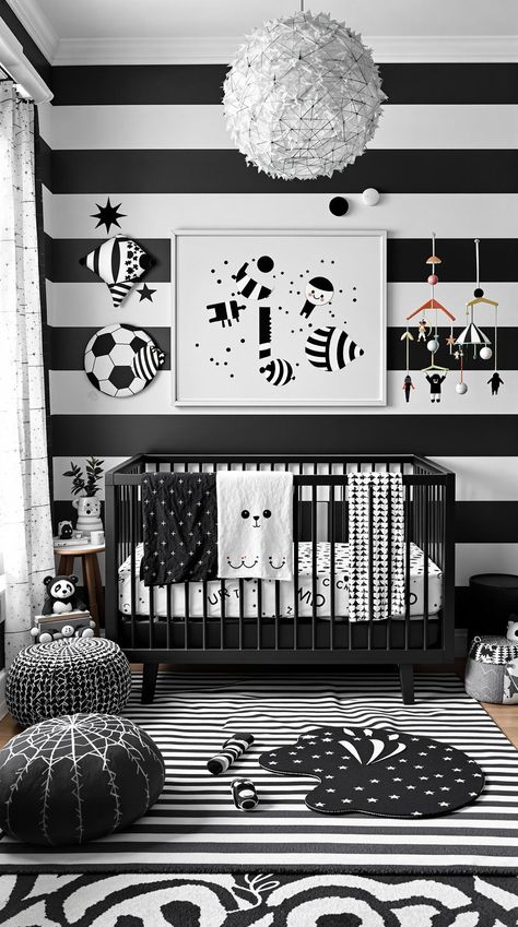 Nursery Room Ideas Blue Nursery Black Crib, Black White And Blue Nursery, Sensory Nursery, Black Crib, Nordic Nursery, Black Nursery, Black And White Nursery, Calm Nursery, Monochrome Nursery