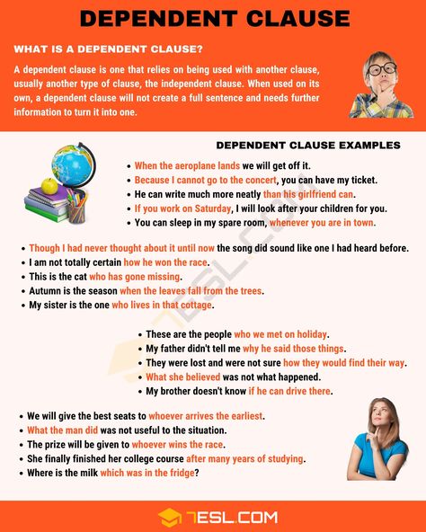 Dependent Clause: Definition And Examples Of Dependent Clauses - 7 E S L Dependent Clause And Independent Clause, Independent Clause, Dependent Clause, Grammar Posters, English Grammar Rules, English Grammar Book, Teaching English Grammar, English Grammar Worksheets, Learn English Grammar