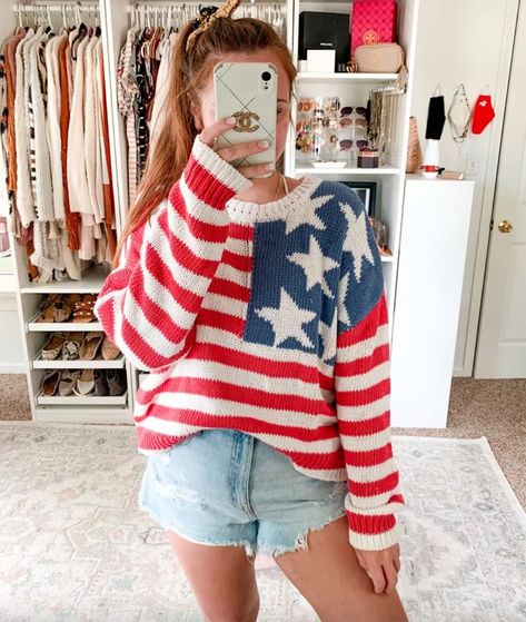 4th of july outfits Fourth Of July Outfits, Fourth Of July Outfit, Flag Sweater, Stripes Sweater, July Outfits, 4th Of July Outfit, Everyday Casual Outfits, Simple Summer Outfits, American Flag Sweater