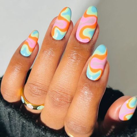 Nail Ideas For April, May Nail Designs, Color Block Nails, April Nails, Retro Nails, Art Deco Nails, Squoval Nails, May Nails, Floral Nail Designs