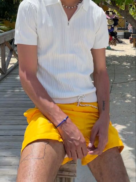 tattoos, mens outfit inspo, swim trunks, bahamas, vacation, yellow Men Vacation Outfits Beach, Bahamas Outfit, Summer Wear Men, Beach Outfit Men, End Of Year Party, Bahamas Vacation, Siargao, Yellow Swimsuits, Swimsuits Outfits