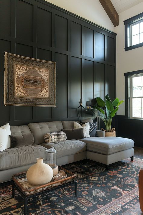 Insanely Cozy Moody Living Room Ideas to Copy Right Now Modern Moody Living Room Accent Wall, Cozy Moody Basement, Moody Accent Wall Living Room, Portico Decor, Moody Traditional Living Room, High Ceiling Living Room Ideas, Moody Farmhouse Living Room, Photography Room Ideas, Dark Moody Living Room