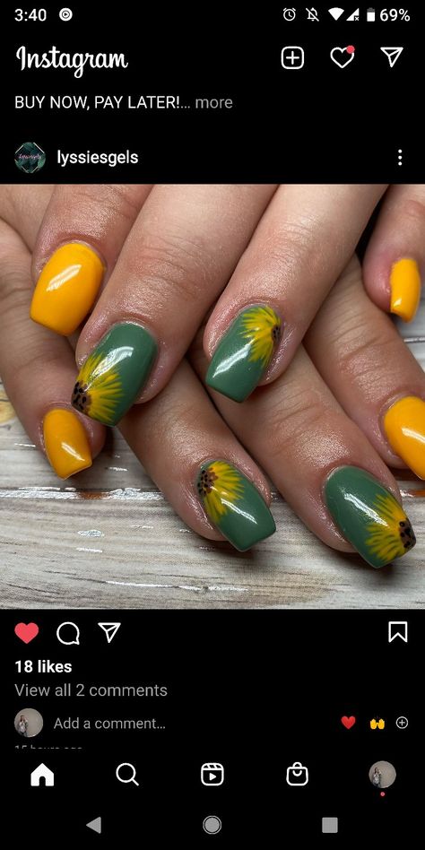 Sage Green Nails, Green Nails, From Instagram, Sage Green, Sunflower, Convenience Store Products, Nails, Yellow, Green